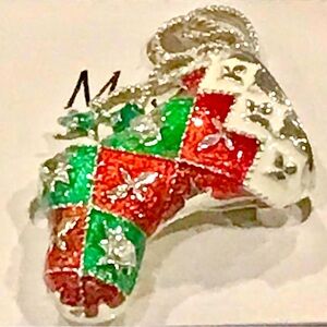 Christmas Stocking Enameled Metallic Brooch Embellished with Rhinestones